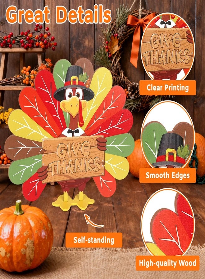 Sereliy Thanksgiving Turkey Decorations for Home, Wooden Turkey Table Signs, Give Thanks Tabletop Decor Indoor, Thanksgiving Fall Table Centerpieces for Holiday Fall Harvest Home Party Decorations - Image 5